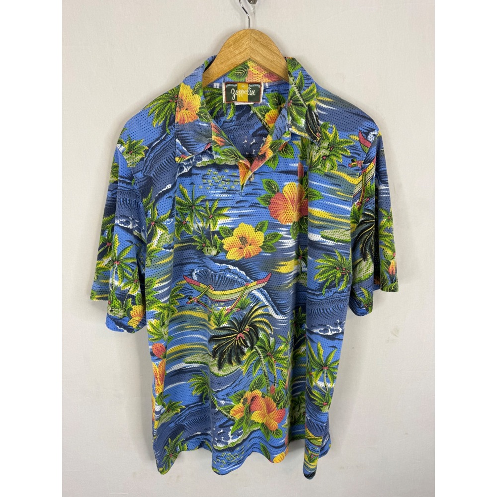 Zeppelin Vintage Mens Tropical Mesh Polo Shirt Large Hawaiian Palm Tree Blue USA